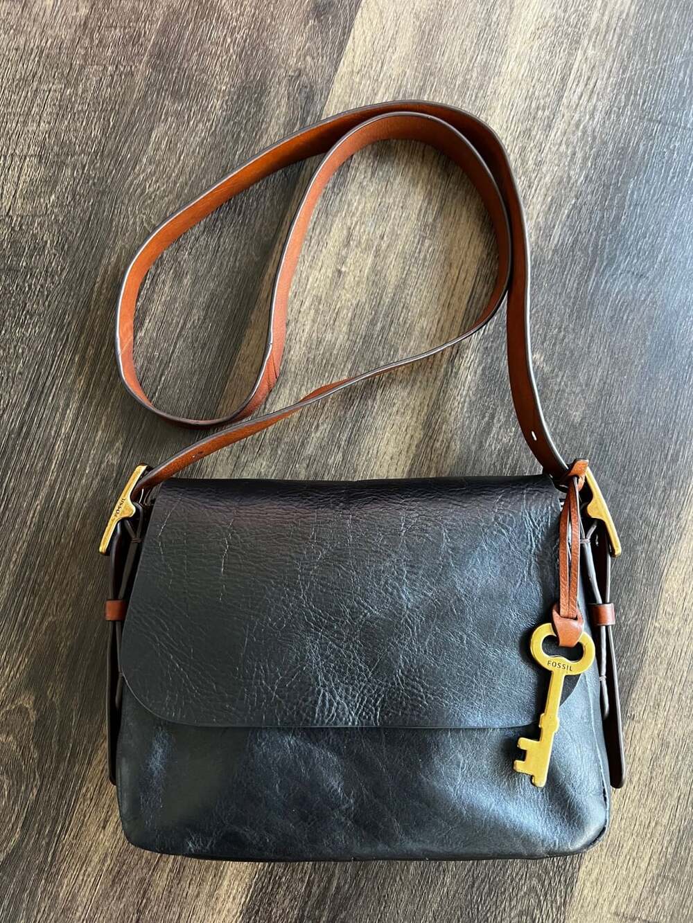 Fossil Harper Leather Flap Crossbody Bag Black Brown